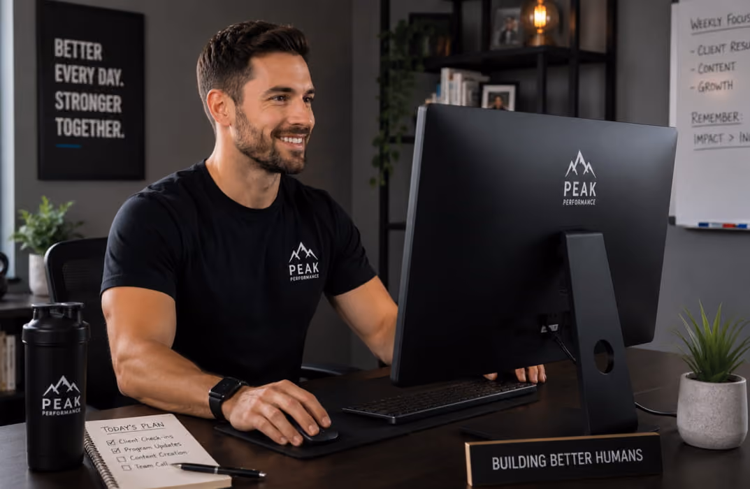 rainer setting up their branded coaching app dashboard on a desktop computer] 