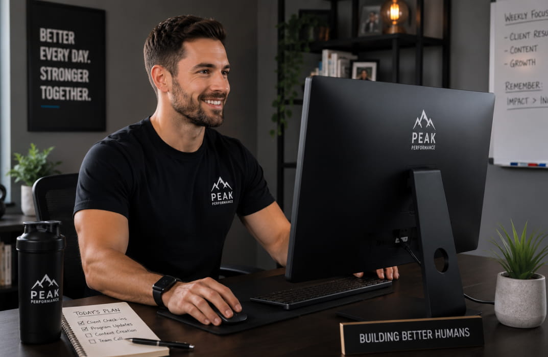 rainer setting up their branded coaching app dashboard on a desktop computer] 