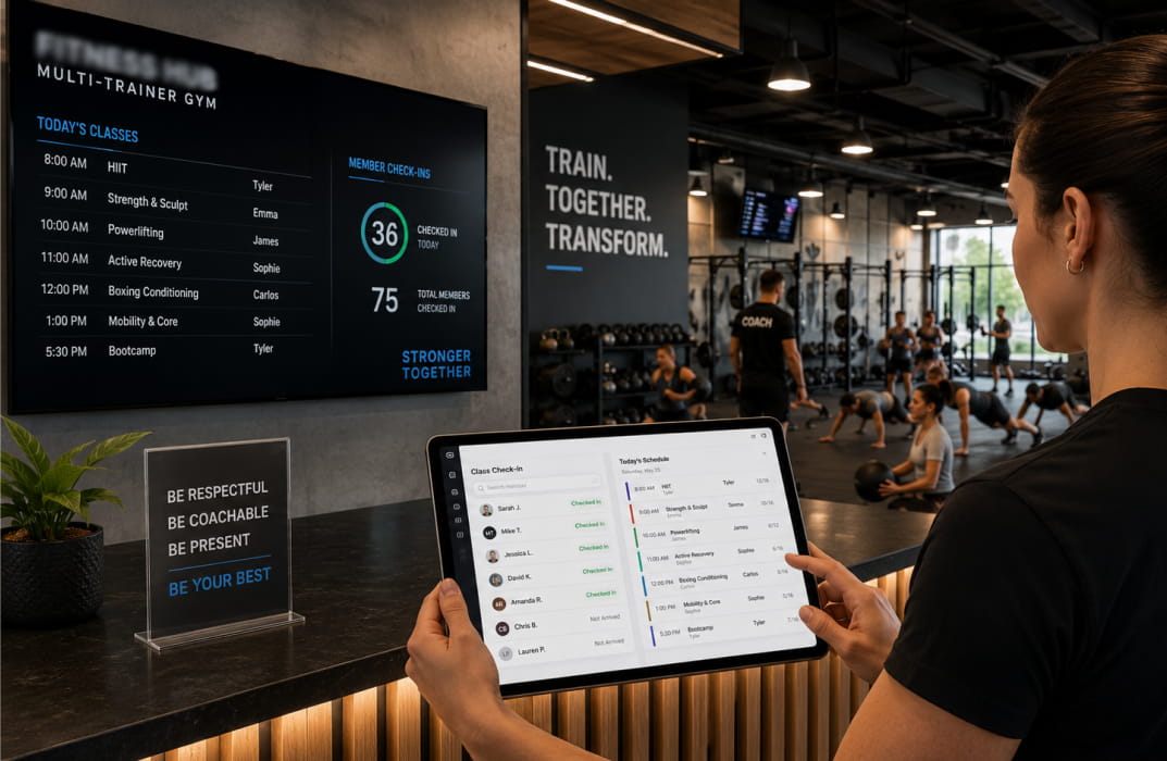 Small gym owner reviewing software dashboard on laptop at front desk with empty studio floor behind them