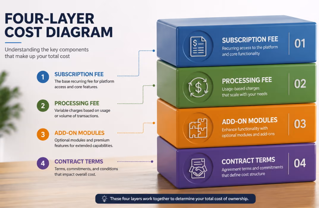 Four-layer cost diagram showing subscription fee, processing fee, add-on modules, and contract terms stacked as building blocks
