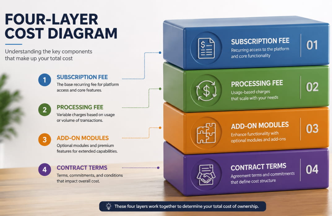 Four-layer cost diagram showing subscription fee, processing fee, add-on modules, and contract terms stacked as building blocks