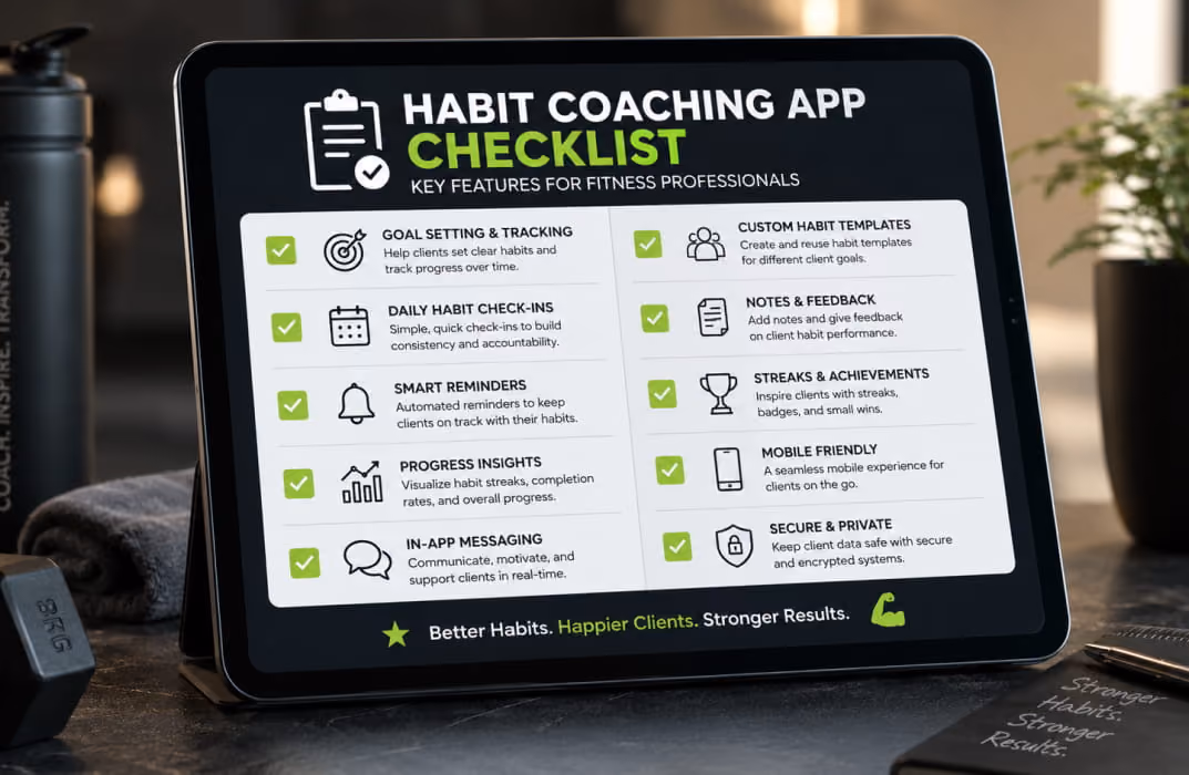 Checklist graphic on a tablet showing key features of a habit coaching app for fitness professionals