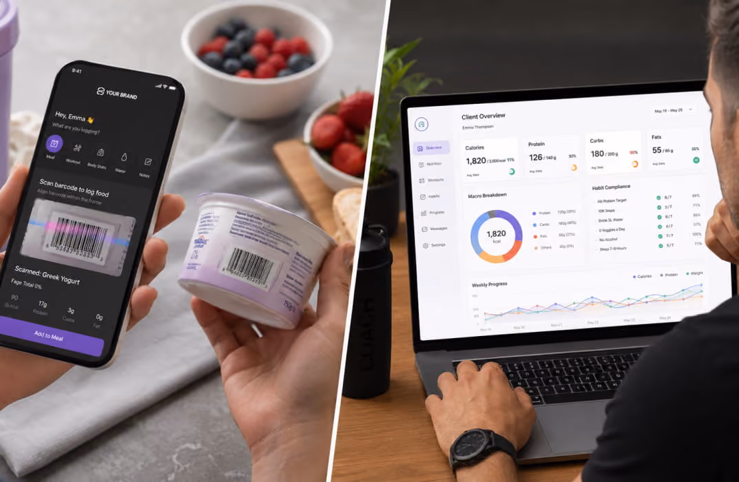 Split view of client logging food via barcode scanner in a branded app and coach viewing macro and habit compliance overview]