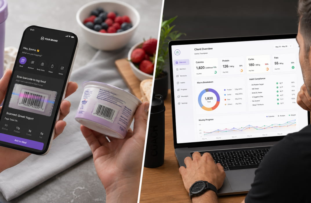 Split view of client logging food via barcode scanner in a branded app and coach viewing macro and habit compliance overview]