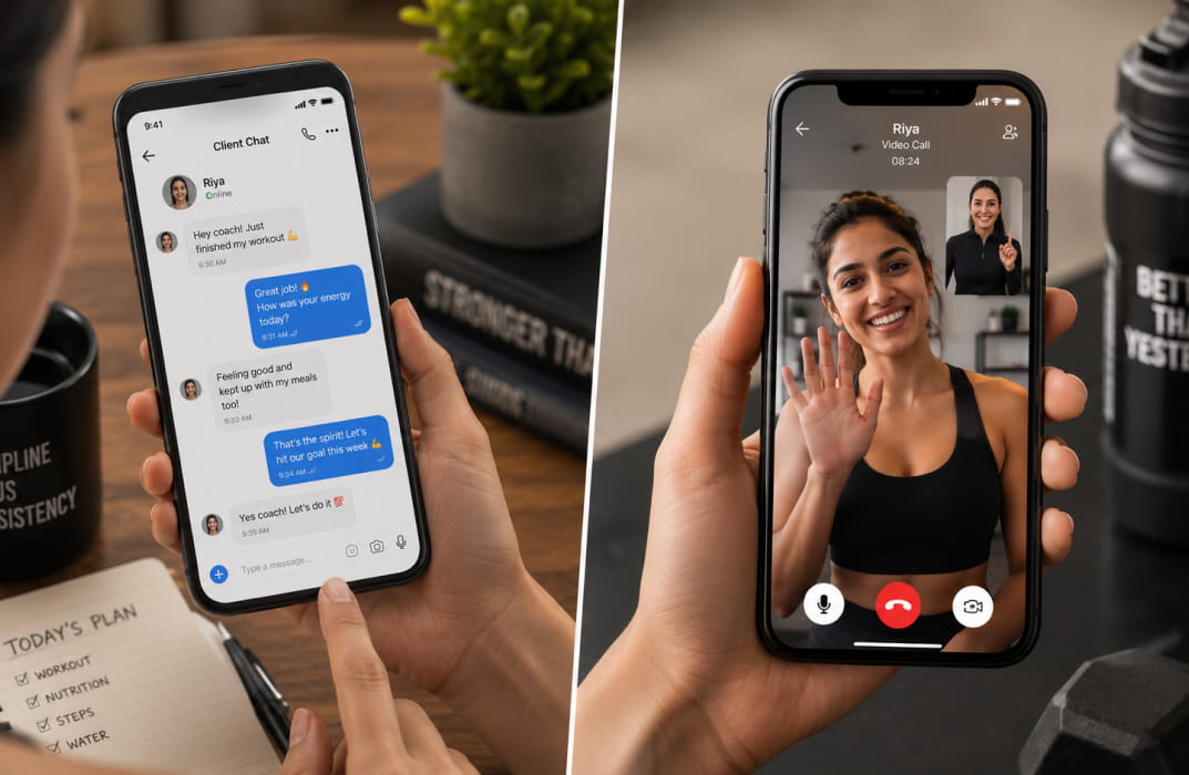a coach messaging a client and conducting a video call inside a branded app