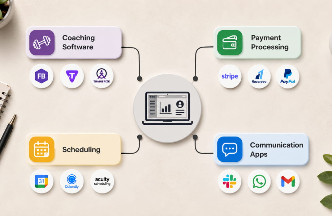 icons for coaching software, payment processing, scheduling, and communication apps connected by lines