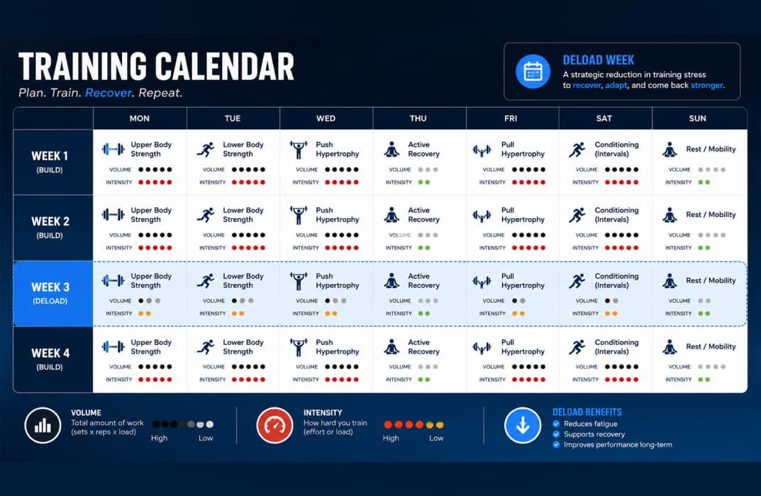 raining calendar showing a highlighted deload week with reduced volume and intensity markers]