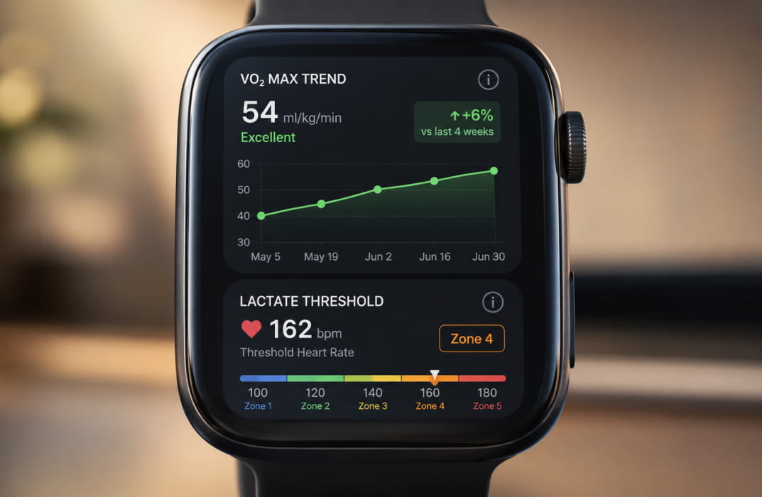 Smartwatch screen displaying VO2 max trend graph and lactate threshold heart rate zone]