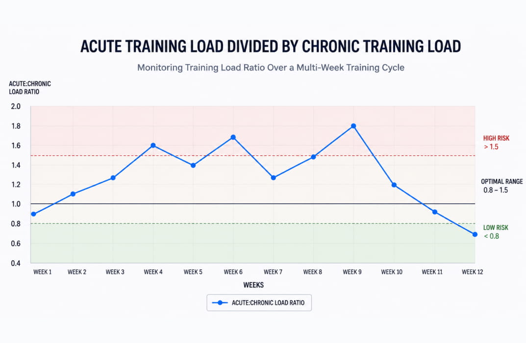 Line graph illustrating acute training load divided by chronic training load over a multi-week training cycle]