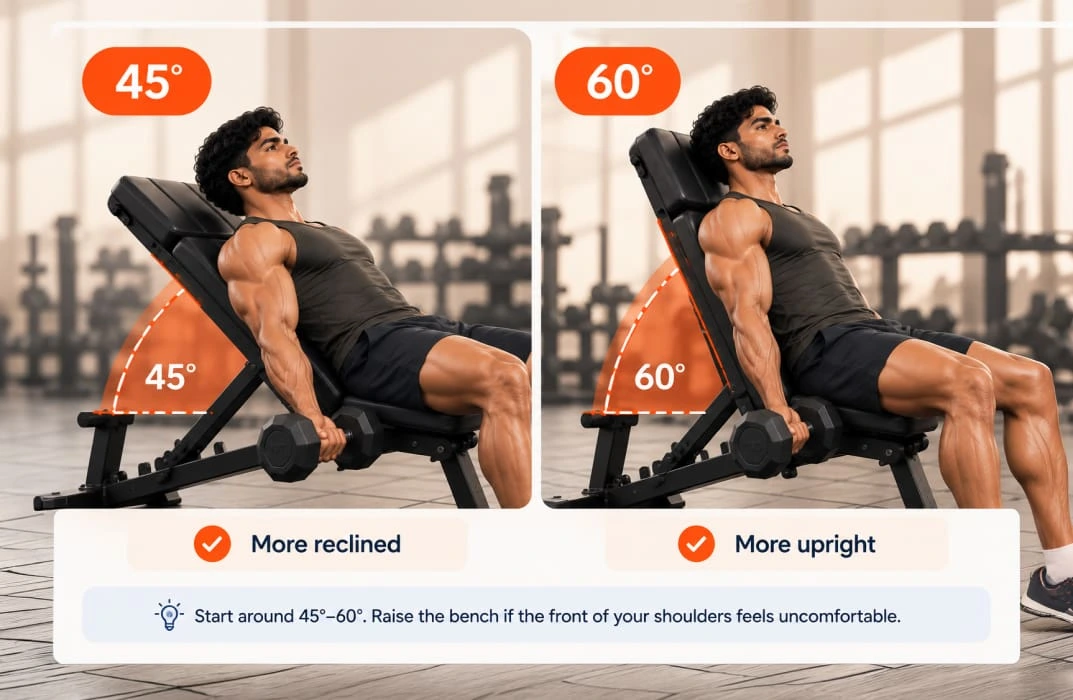 bench angle of about 45° to 60°