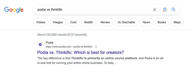 Podia vs Thinkific comparison page