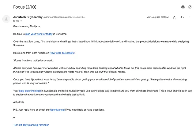 Sunsama onboarding email example