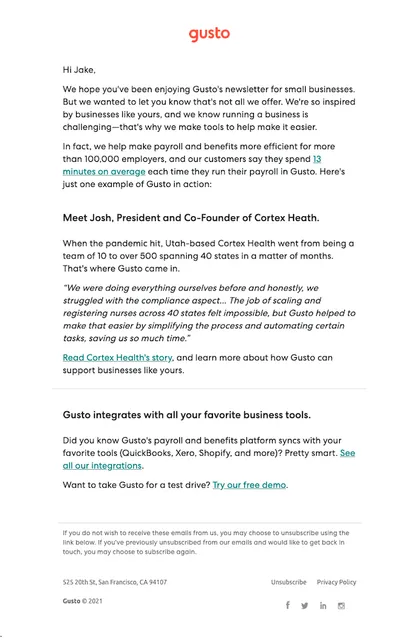 Gusto onboarding and testimonial email example