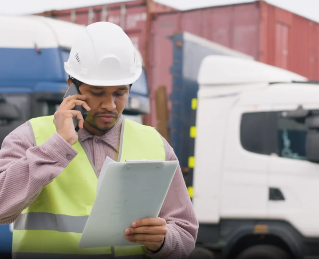 A man in a hard hat and hi vis vest on the phone