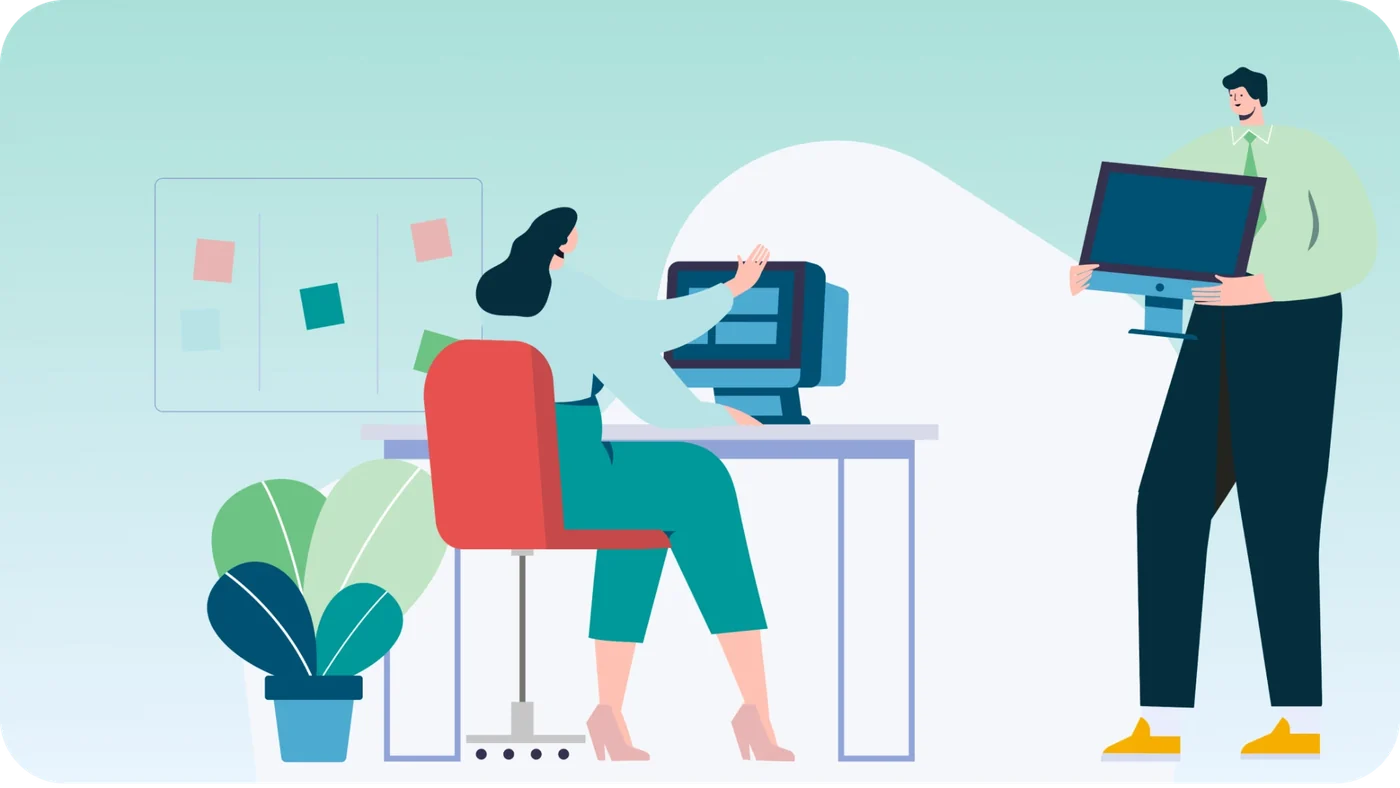 Illustration : une collaboratrice au poste de travail, un technicien apporte un écran