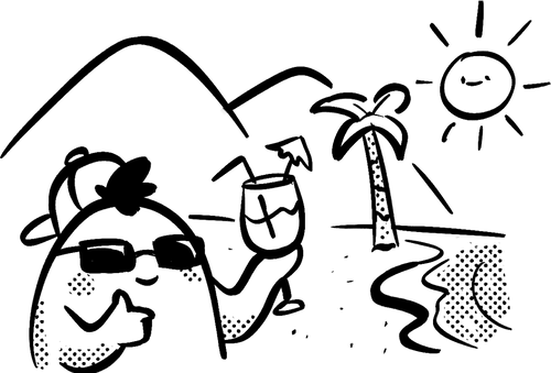 A black and white cartoon is enjoying a vacation in the mountains