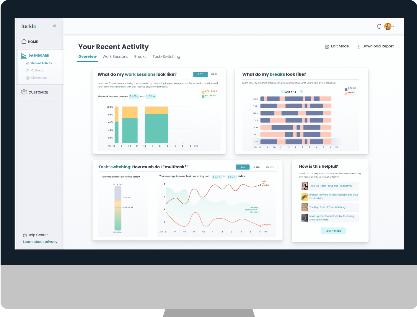 'Recent Activity' dashboard screen of LucidU. There are your graphs presenting the productivity of work sessions, users' frequency of breaks, multi-tasking, and links to self-reflective articles.