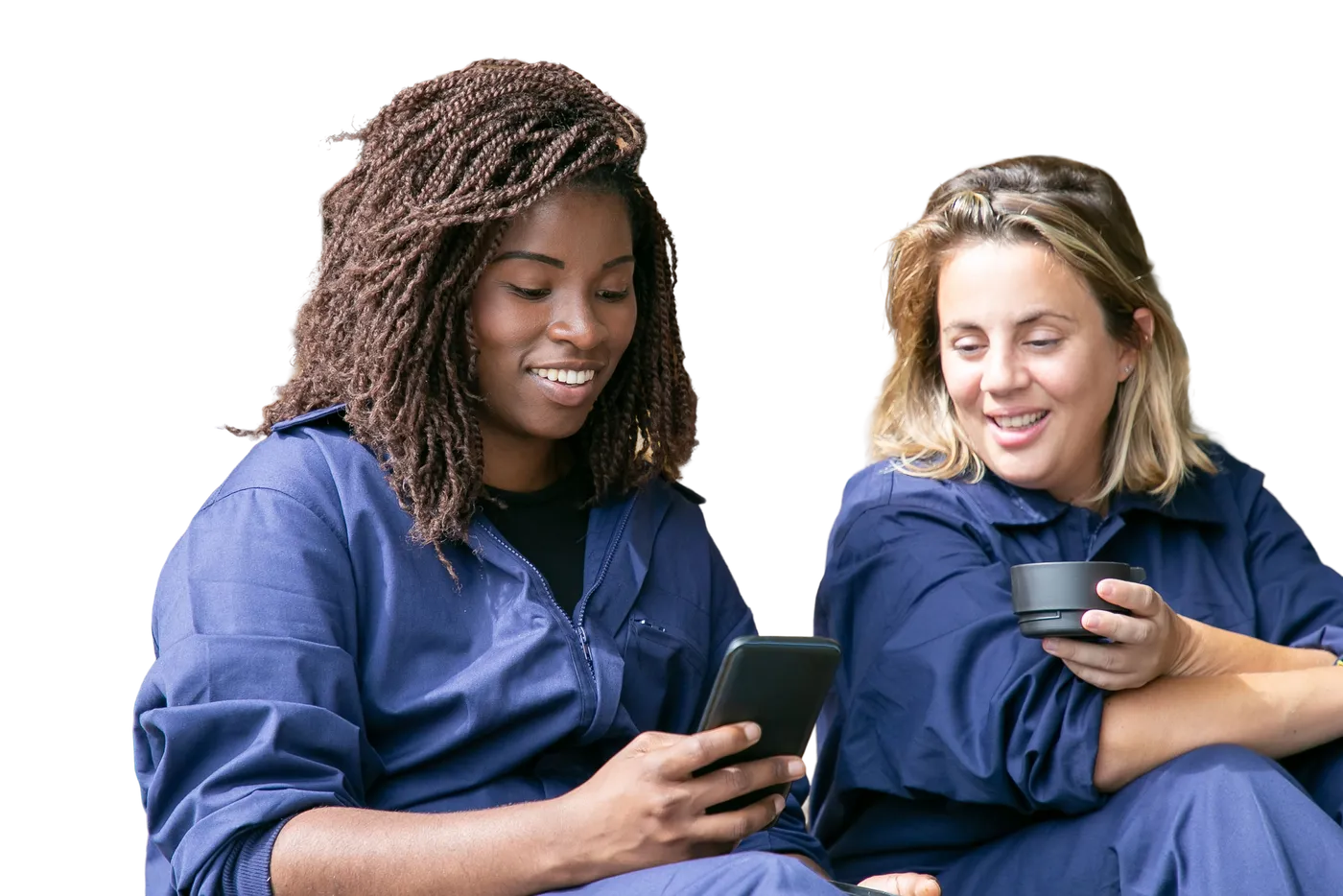 Two frontline team members smiling at a phone as they open a holiday reward