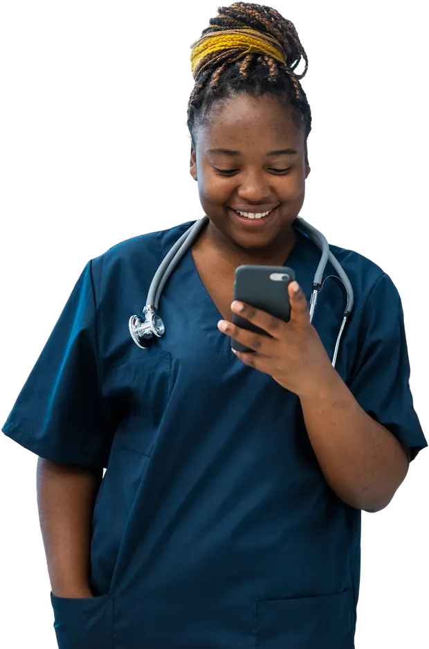 A frontline nurse smiling at her phone as she opens a holiday reward