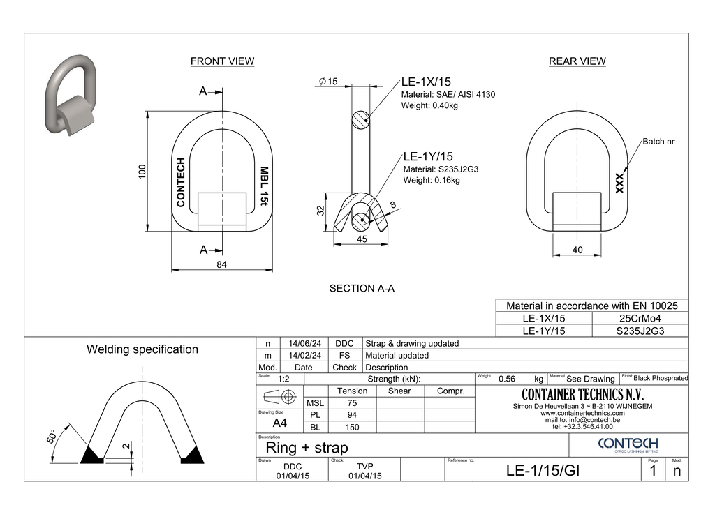 D-ring with straps 15t