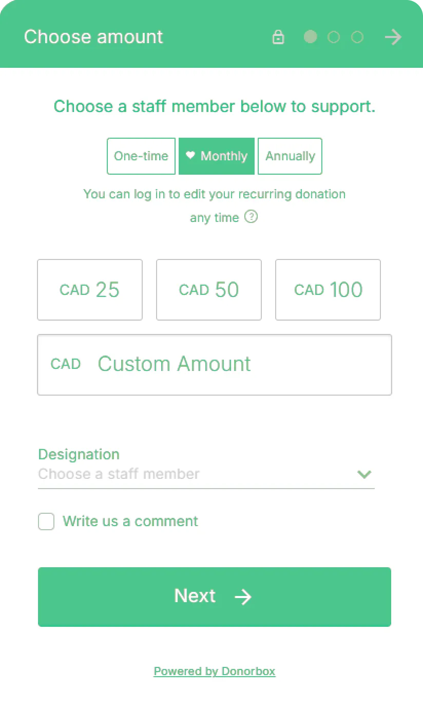 Donation form to choose one-time, monthly, or annual support amount and designate a staff member.