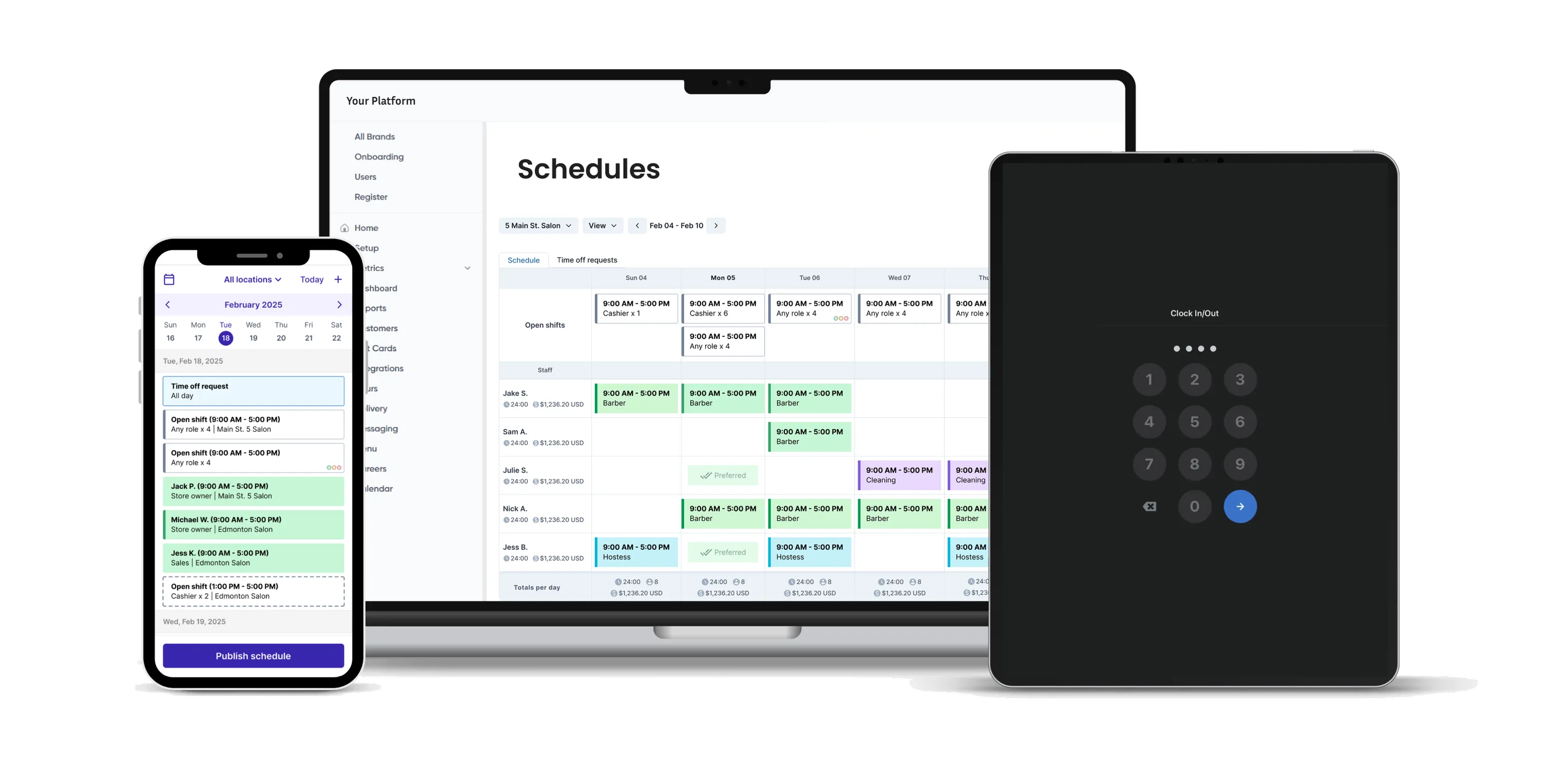 Scheduling calendars and time tracking inside phone, laptop, and iPad / tablet