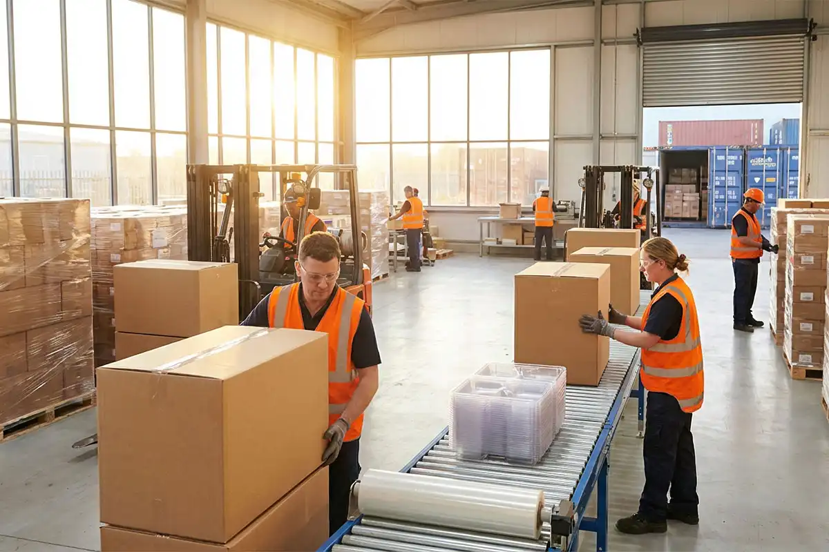 A warm, professional photograph showing an international food production facility