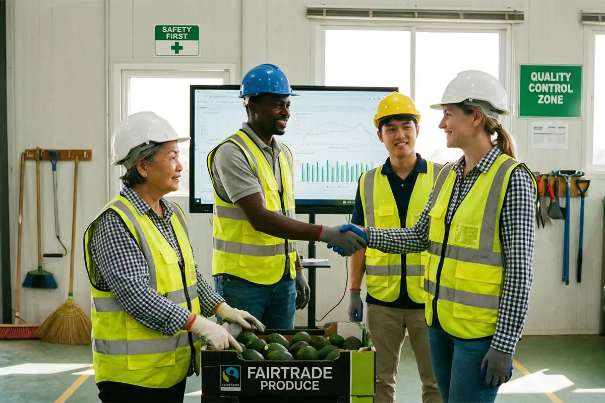 A multicultural team inspecting reviewing quality standards inside a clean factory at a farm loading area