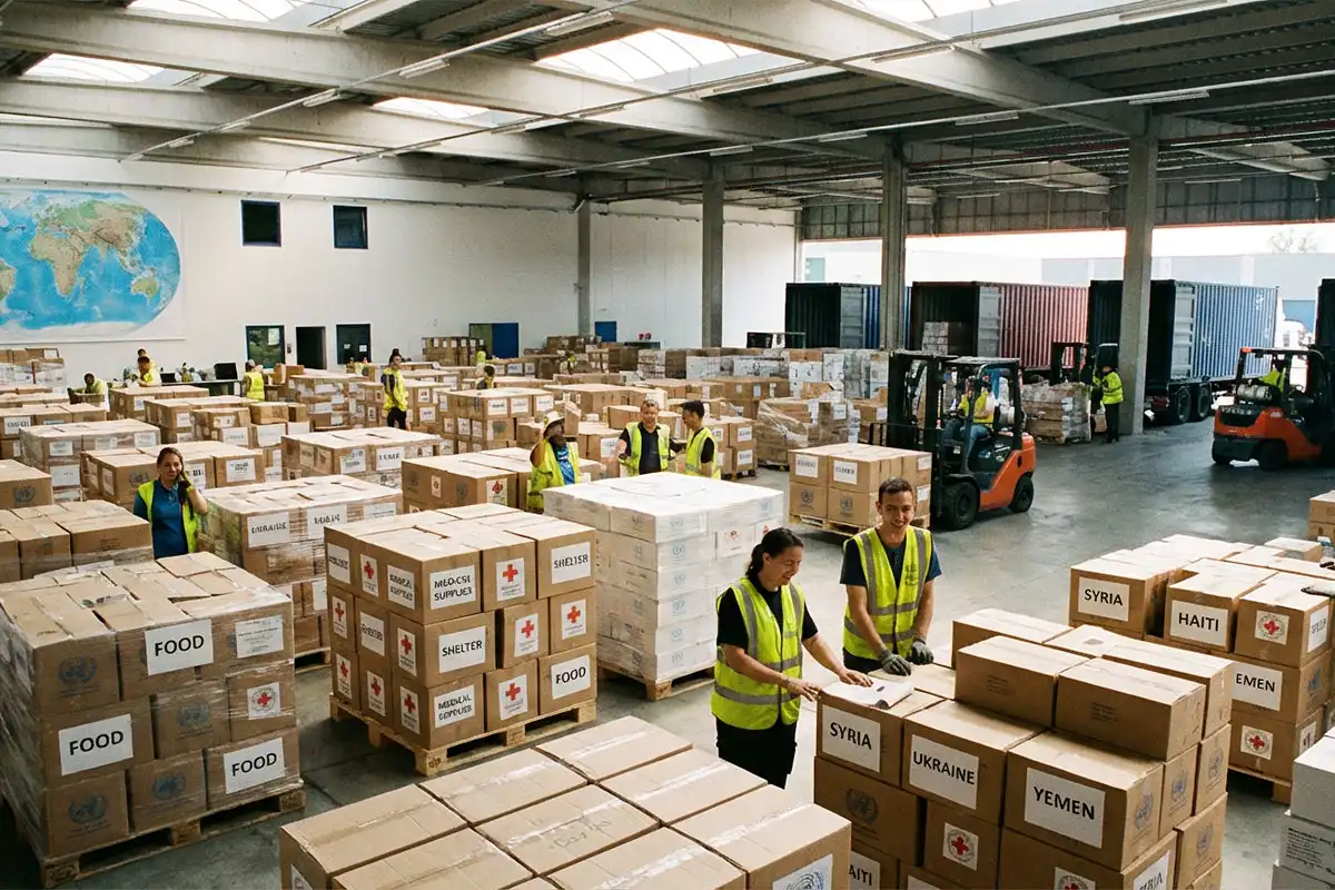 Humanitarian supplies being prepared for international shipment