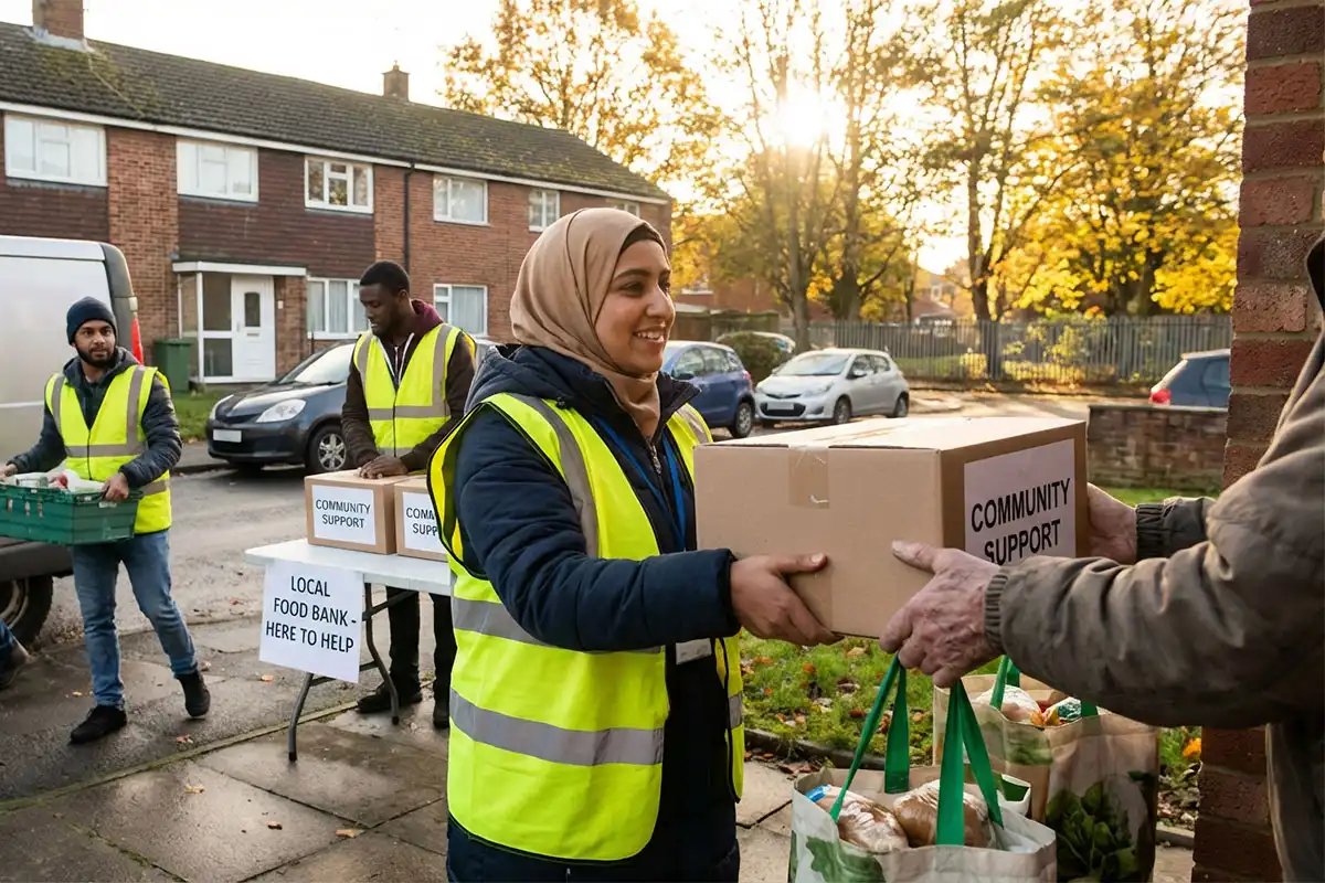 Volunteers delivering food boxes and essential supplies to families in need in England