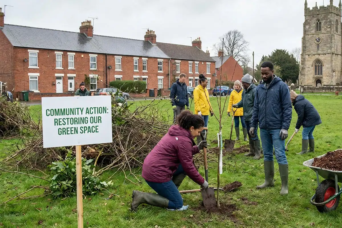 Long-term community development: volunteers planting trees, renovating a small community area