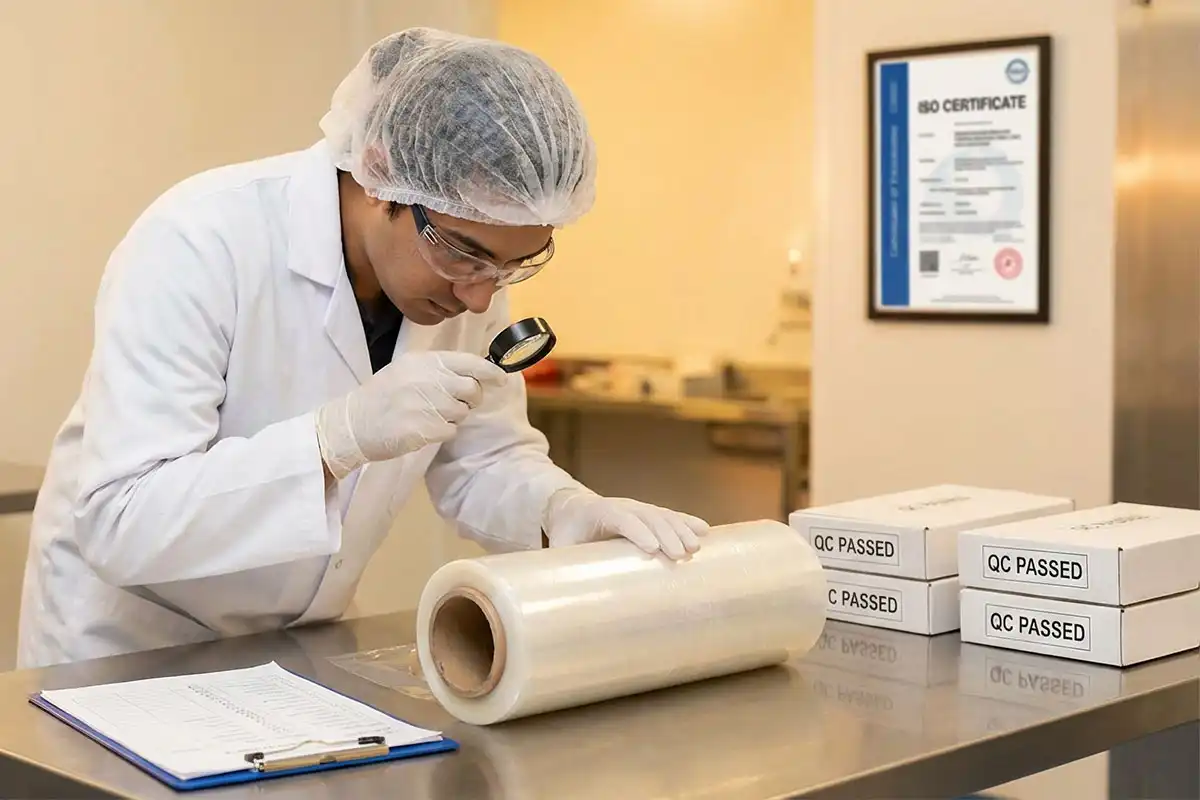 Quality inspector wearing appropriate PPE examining food packaging materials