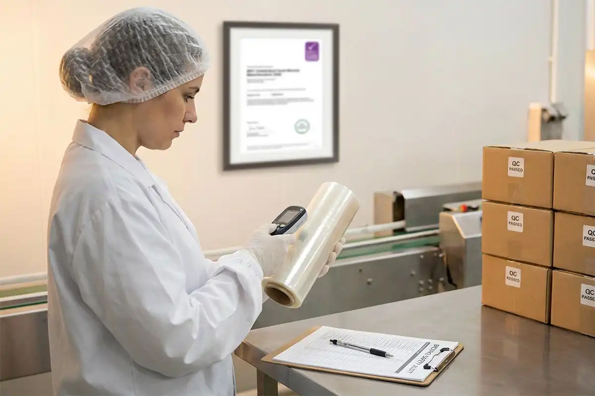 Quality inspector wearing appropriate PPE examining food packaging materials