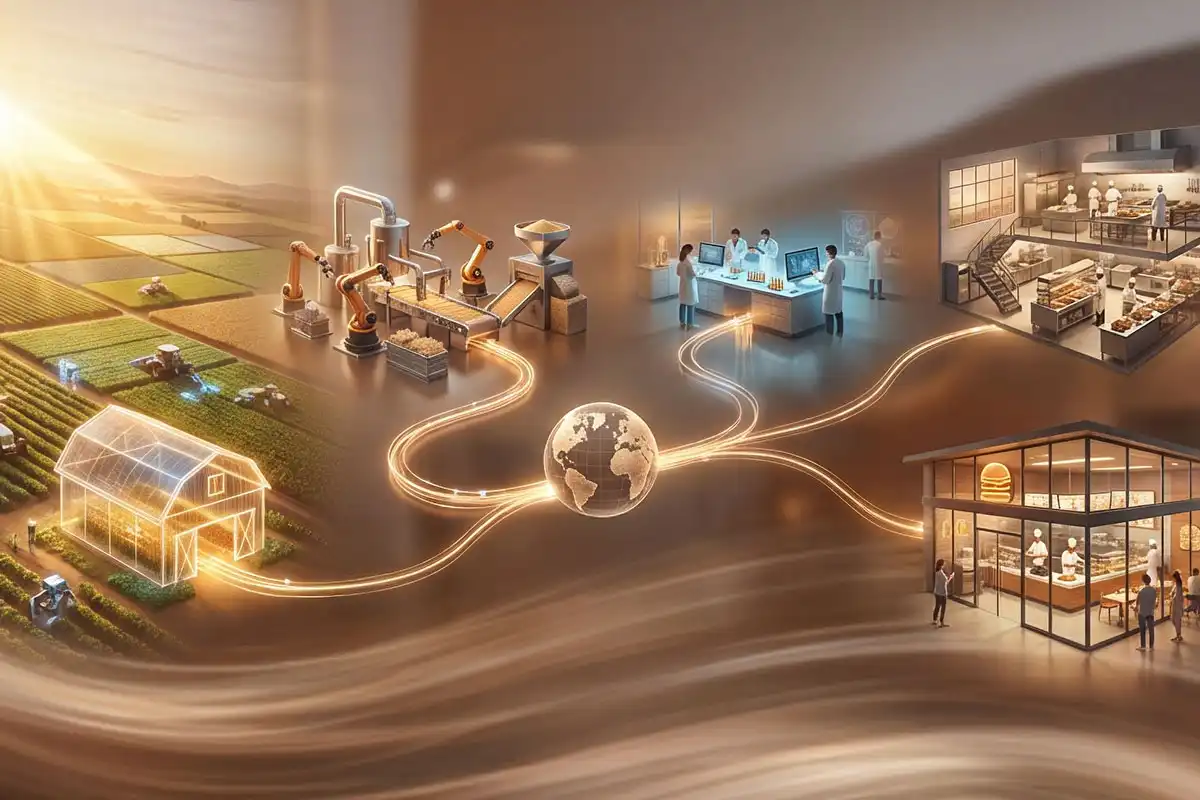 Stylised scenes of agricultural fields, international shipping containers, high-tech quality control labs and busy commercial kitchens