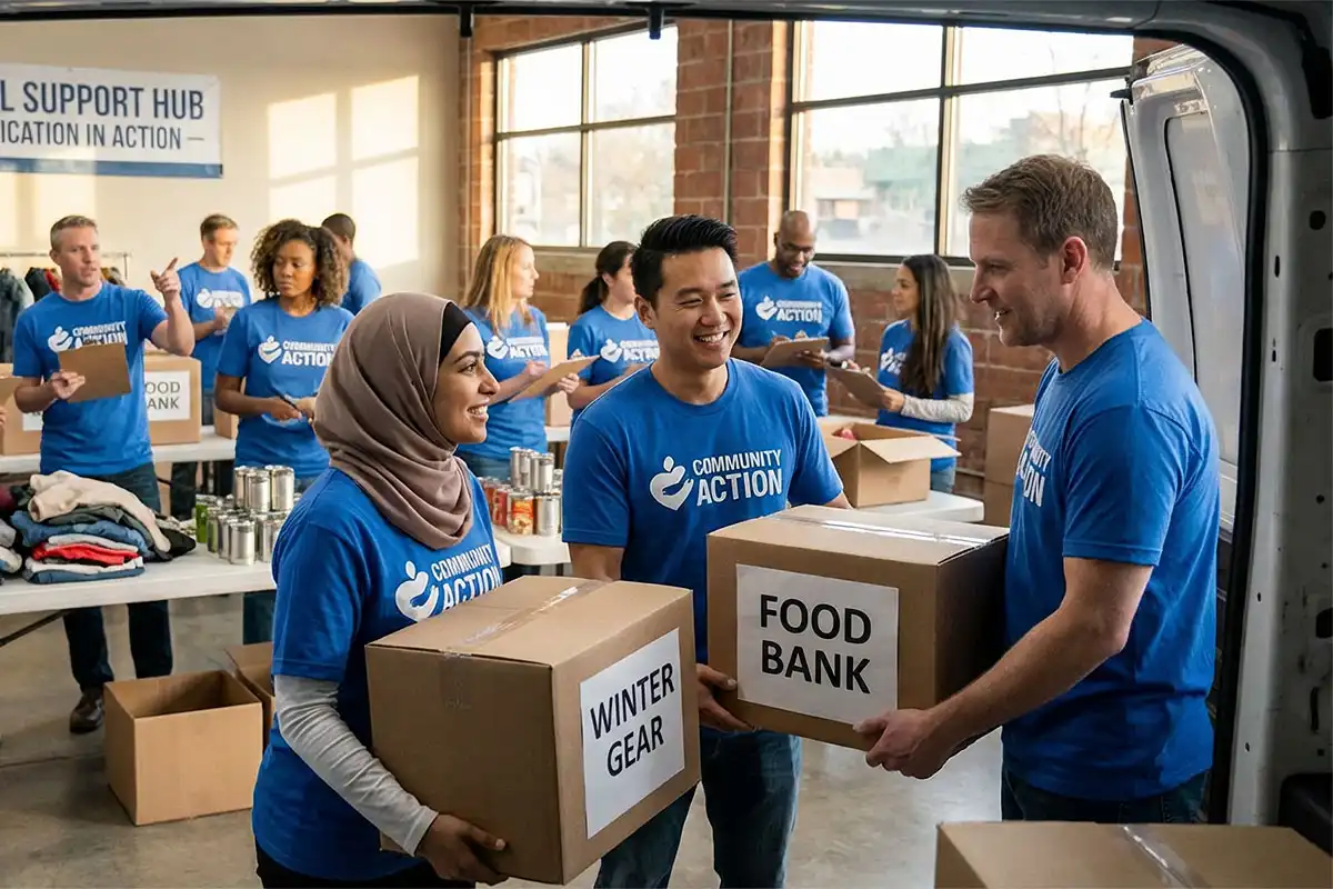 A vibrant mix of volunteers and team members actively participating in community initiatives