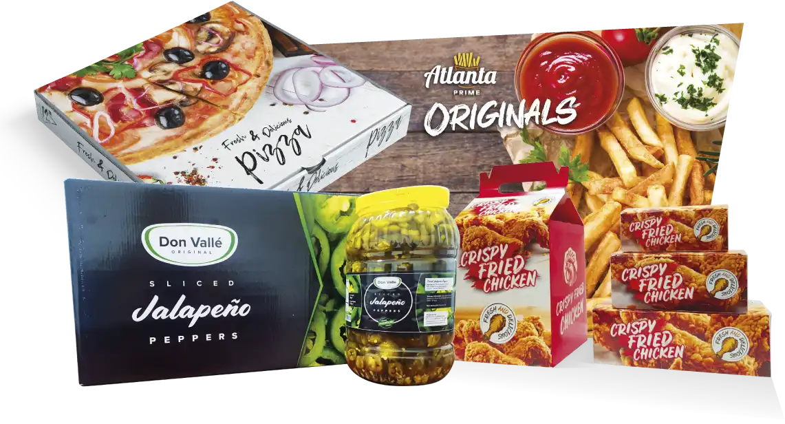A range of products including a premium pizza box, original fries, fried chicken boxes and sliced jalapeño peppers