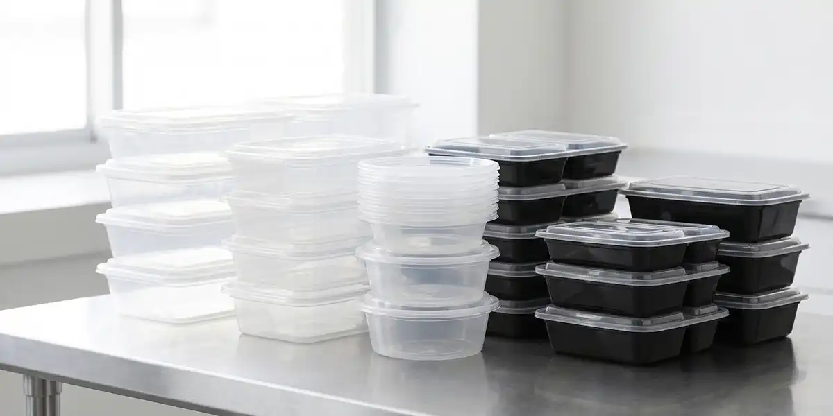 Clear plastic and black-based recyclable foodservice containers stacked on a stainless steel surface