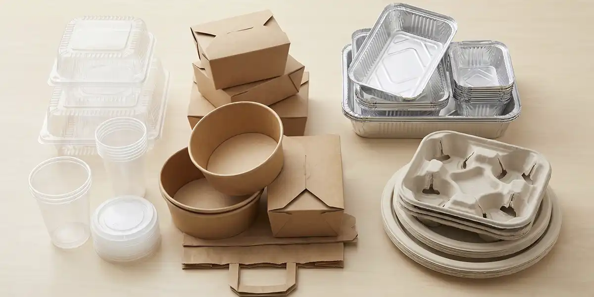 (pEPR): Recyclable foodservice packaging sorted by material into plastic, kraft and aluminium groups