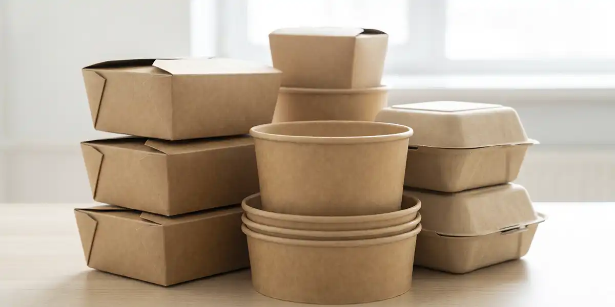 (Responsibly Sourced): Stacked natural kraft paper and cardboard food packaging materials