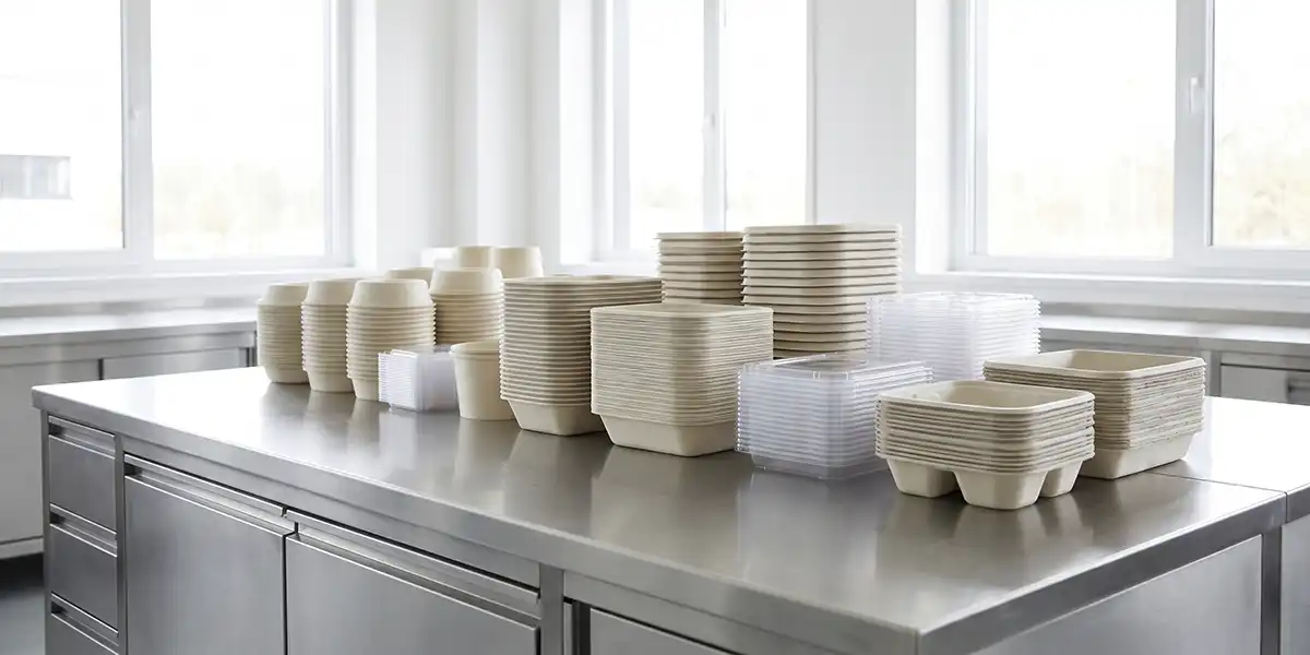 Premium foodservice packaging neatly stacked in a clean, hygienic commercial environment