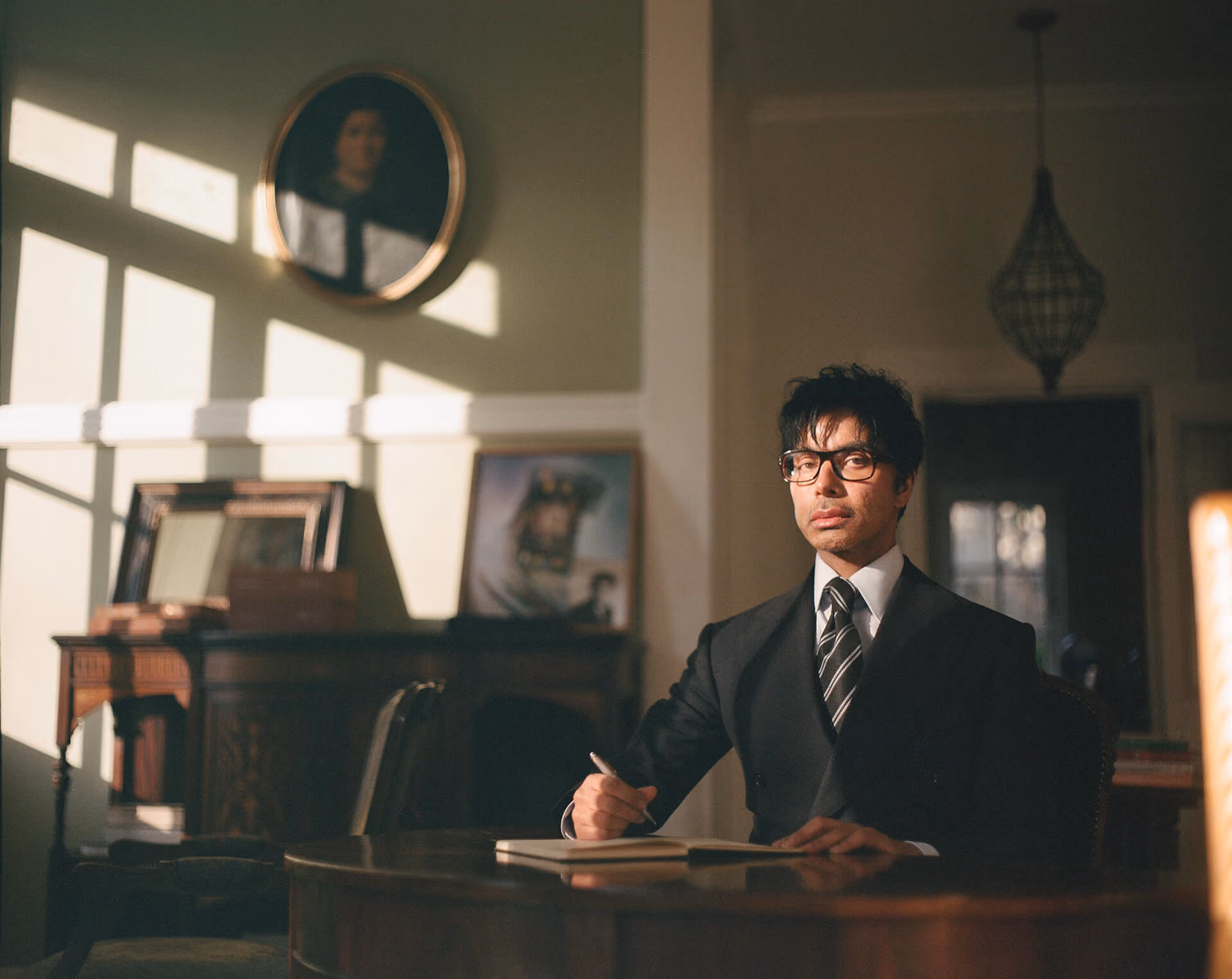 Rahim Rawjee in a black suit and striped tie sitting at a wooden table writing in a notebook.
