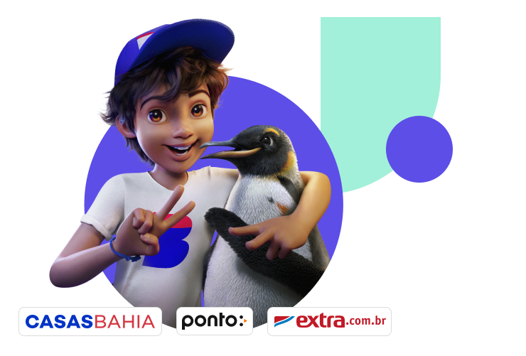 Ilustração do CB junto com o Pin tirando uma selfie. O CB está com um boné azul e uma camiseta branca da Casas Bahia e calça jeans. O Pin está com óculos escuros preto, modelo new wave quadrado.  