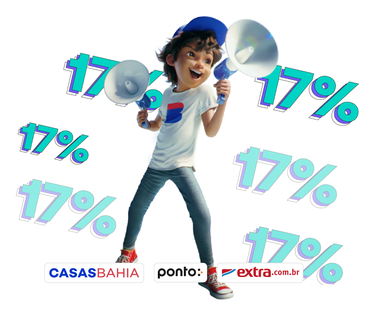 Ilustração do CB com um megafone em cada mão. O CB está falando em um dos megafones. CB usa boné azul, camiseta branca da Casas Bahia e calça jeans. Ao fundo, temos vários 17% em verde, azul e branco e também em opacidades diferentes.