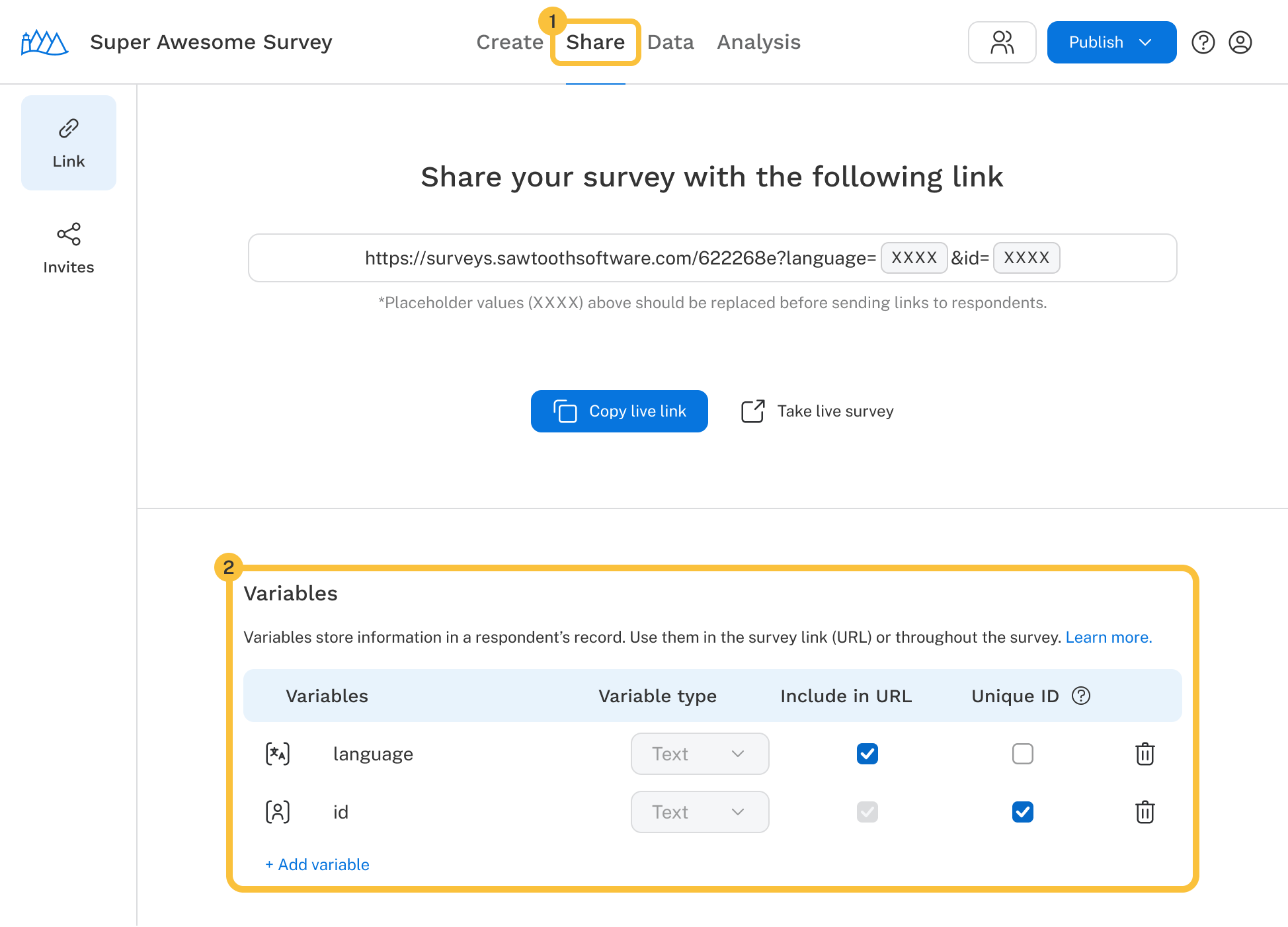 The share page including the survey link and buttons to copy the link and take the survey.