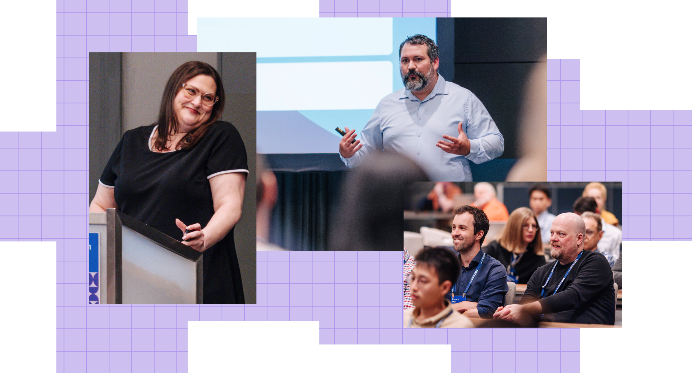 Collage showing a woman at a podium, a man giving a presentation, and an audience listening attentively.