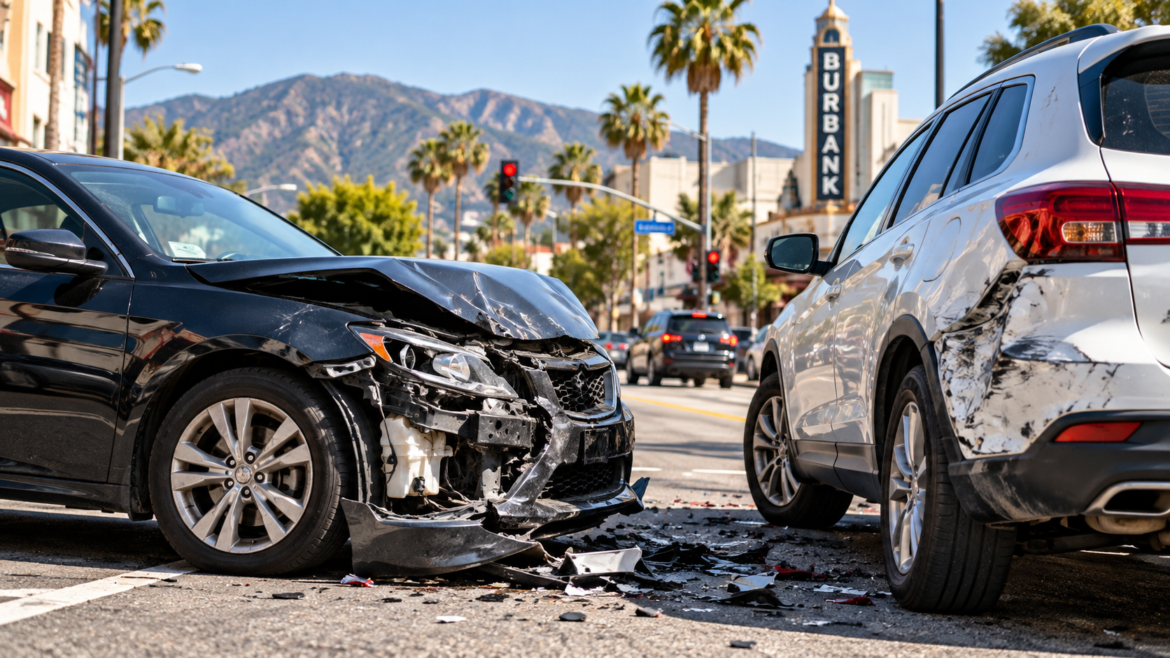 Two damaged vehicles after a car accident on a Burbank, California street