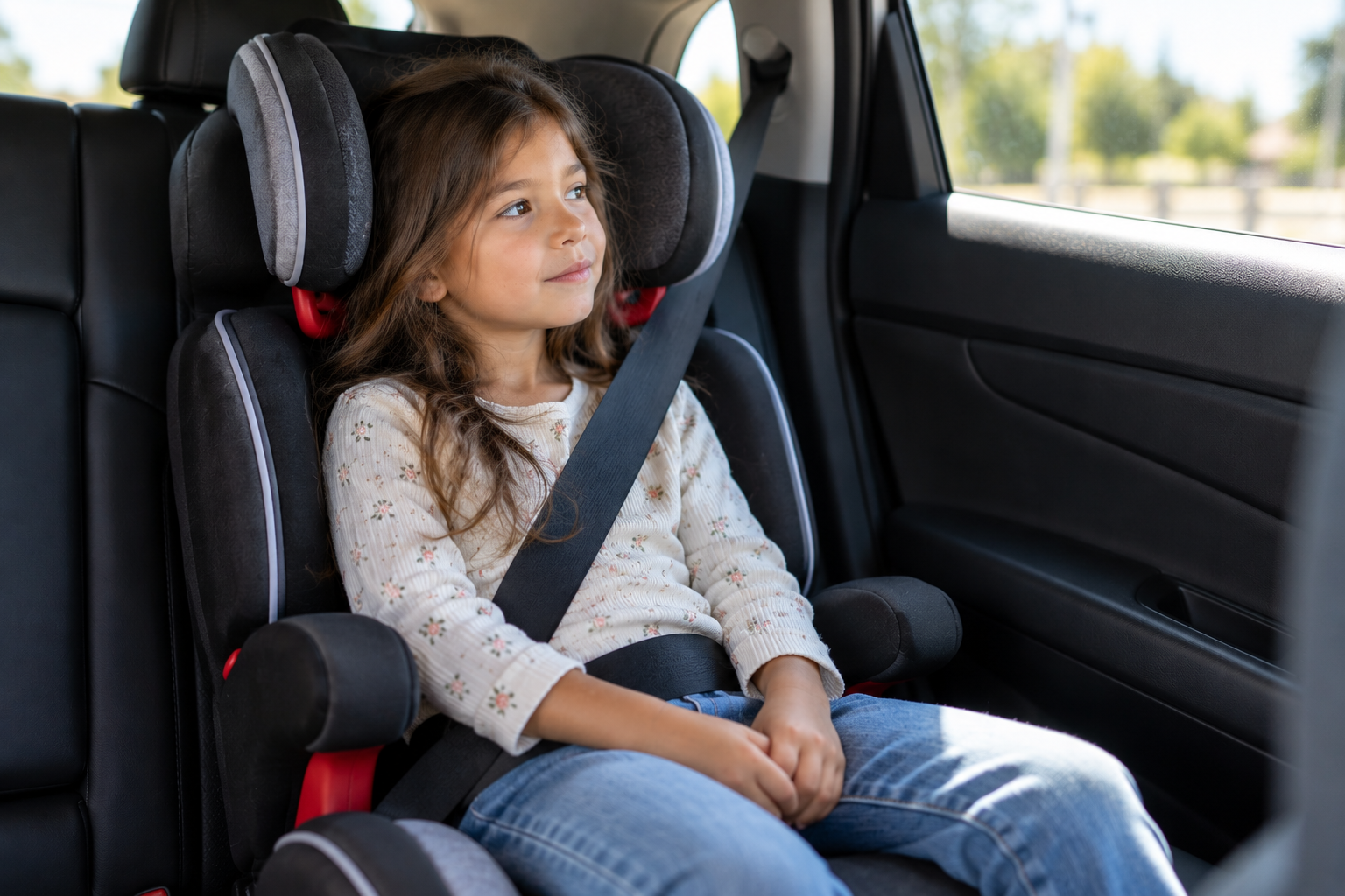 Young child properly secured in a booster seat in the back seat of a car