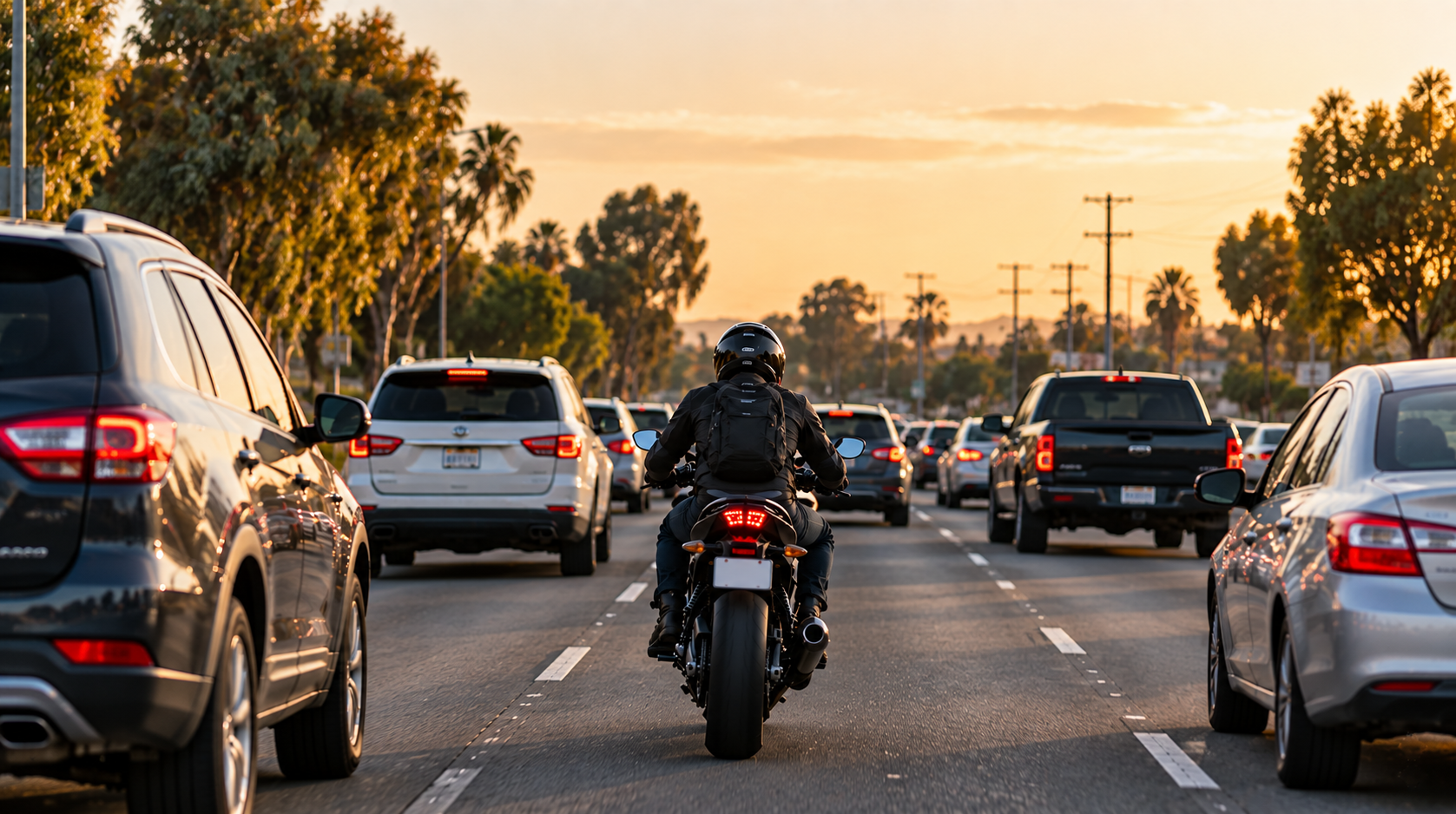 Motorcyclist riding in traffic on a California road with cars in surrounding lanes