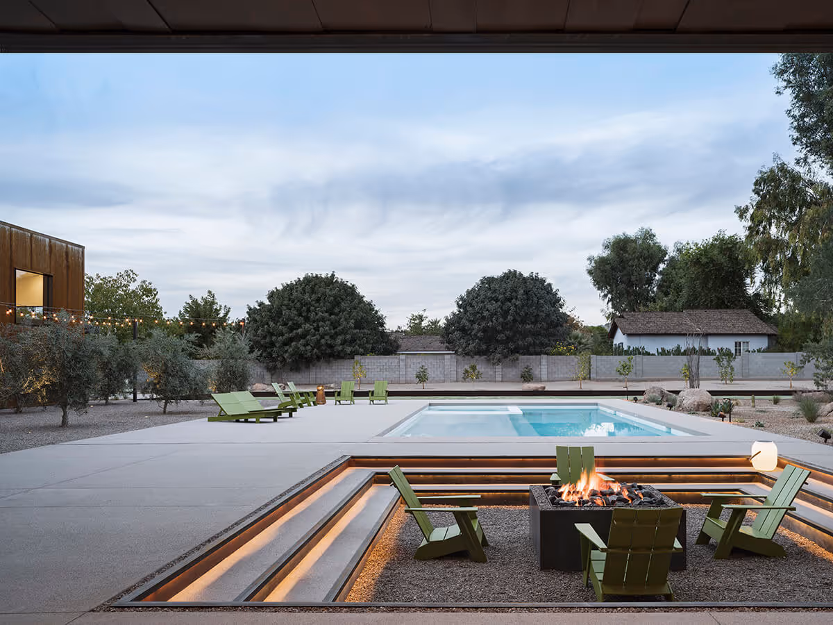 sunken firepit next to pool at a modern desert house in Phoenix by The Ranch Mine