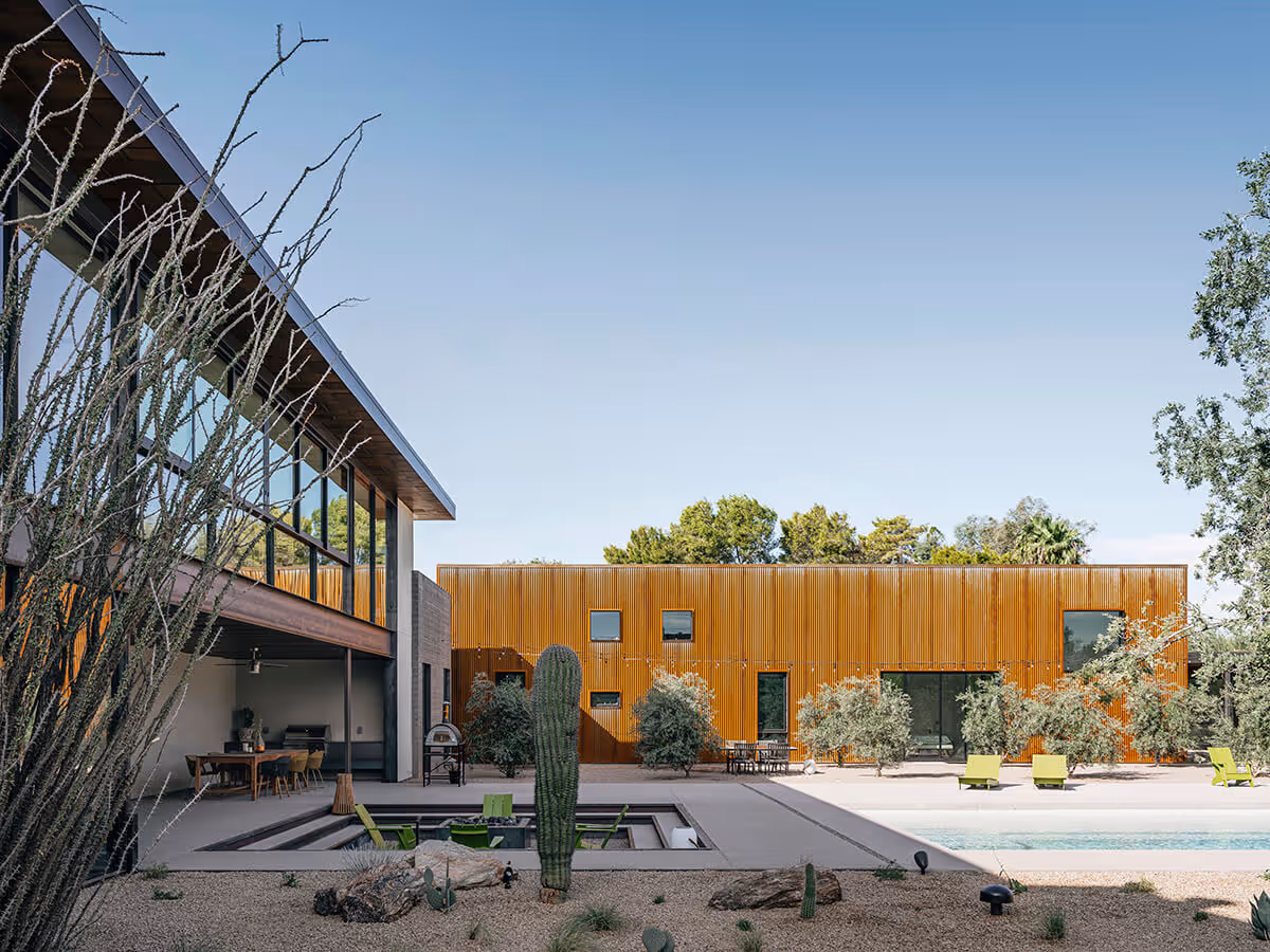 rusted corrugate metal siding at a modern desert house in Phoenix by The Ranch Mine